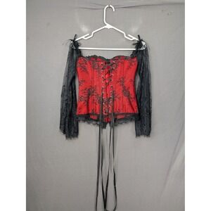 Red Black Lace Corset Top Off Shoulder Bell Sleeve Gothic Steampunk S